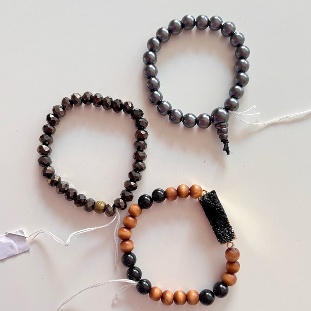 SET of 3 Stretchy Stacking Beaded Bracelets Black Chrome Druzy Gem Wooden Beads
